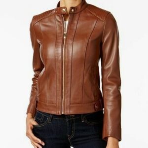 Cole Haan Signature Women's Brown Washed Leather Moto Jacket Size Large